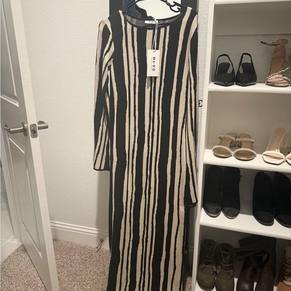 NA-KD Knit Black and Cream Striped Maxi Dress NEW
